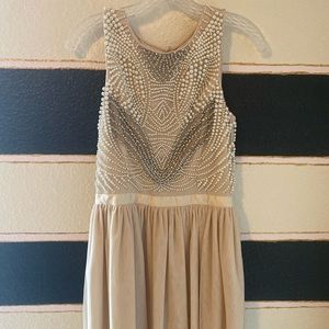 Exquisite Nude Pearl Diamond Studded Tulle Dress